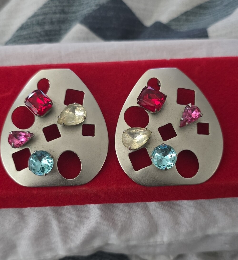 VTG 80s Geometric Cutout Statement Earrings Rhinestone Abstract AvantGarde Retro